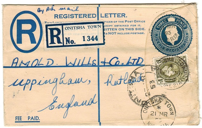 NIGERIA - 1938 4d dark blue uprated RPSE to UK used at ONITSHA TOWN. H&G 6.
