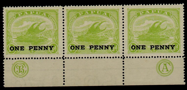 PAPUA - 1917 ONE PENNY surcharge on 1/2d yellow green mint imprint strip of three. SG 106.