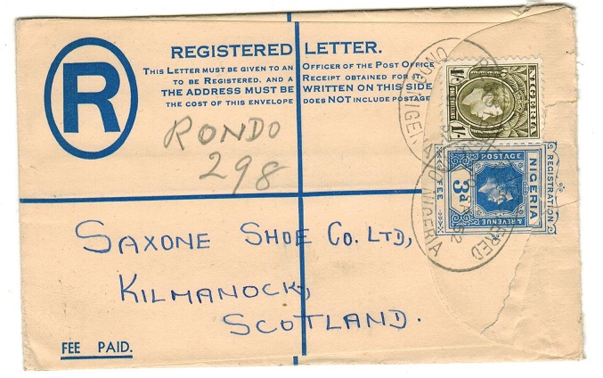 NIGERIA - 1937 3d blue RPSE to UK uprated at ONDO.  H&G 5.