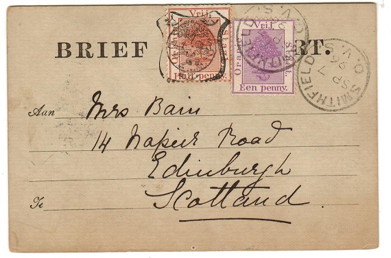 ORANGE FREE STATE - 1891 1/2d brown FORMULA PSC
uprated with 1d at SMITHFIELDS.  H&G 6d.