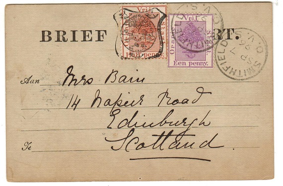 ORANGE FREE STATE - 1891 1/2d brown FORMULA PSC
uprated with 1d at SMITHFIELDS.  H&G 6d.