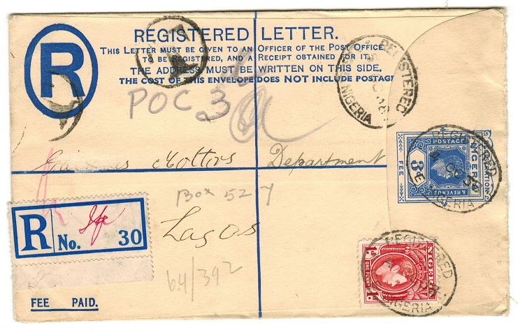 NIGERIA - 1937 3d blue RPSE uprated locally with 1d used at IFE.  H&G 4.