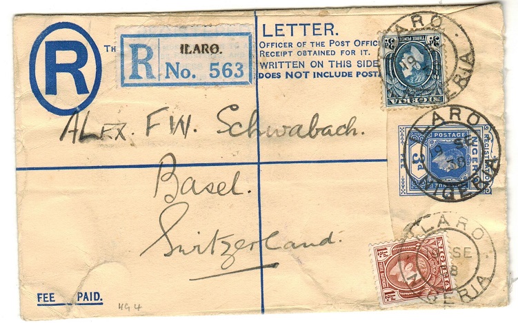 NIGERIA - 1937 3d blue RPSE uprated to UK and used at ILARO.  H&G 4.