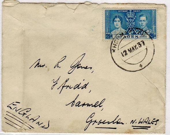 ADEN - 1937 cover to UK with 2 1/2a 