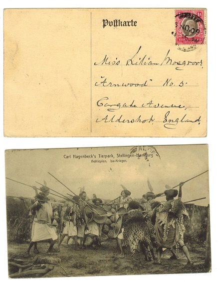 SOMALILAND - 1909 1a rate postcard to UK used at BERBERA.