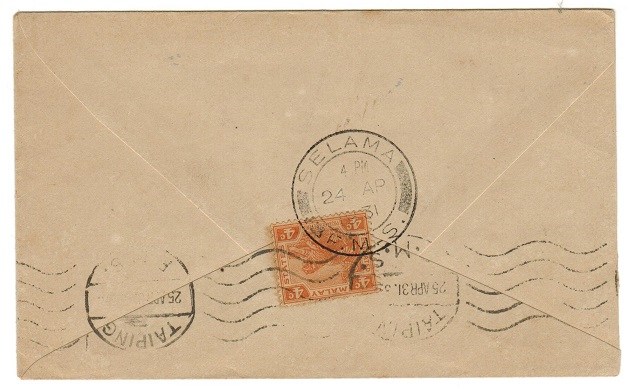 MALAYA - 1923 4c rate cover to India used at SELAMA.