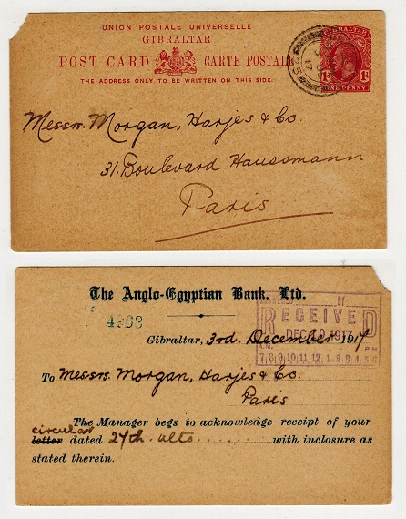 GIBRALTAR - 1912 1d rose PSC addressed to France