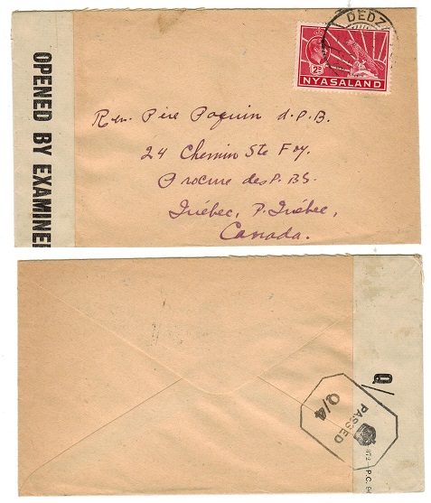 NYASALAND - 1943 PASSED/Q4 censor cover to Canada used at DEDZA.
