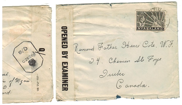 NYASALAND - 1943 PASSED/Q8 censor cover to Canada used at MZIMBA.