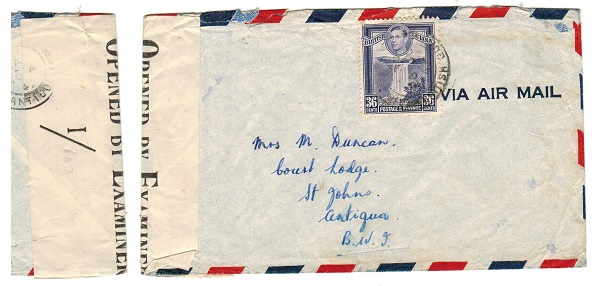 BRITISH GUIANA - 1942 36c rate censored cover to Antigua. 