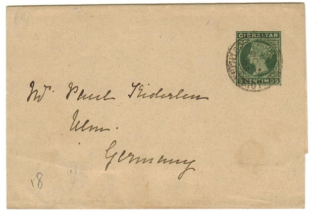 GIBRALTAR - 1889 5c green postal stationery wrapper to Germany used at SOUTH DISTRICT.  H&G 6.