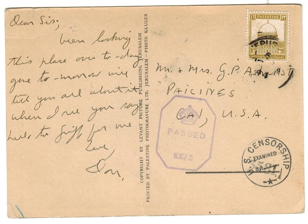 PALESTINE - 1941 13m rate censored postcard to USA.