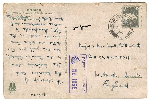 PALESTINE - 1940 10m rate FPO/121 censored postcard use to UK.