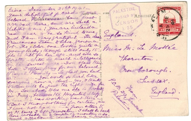 PALESTINE - 1941 8m rate censored postcard use to UK.