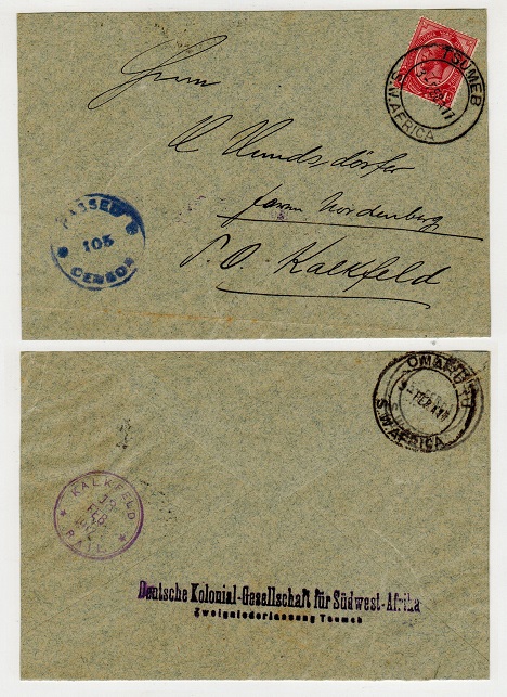 SOUTH WEST AFRICA - 1917 1d rate internal censored cover carried on KALFELD/RAIL from OMARURU.