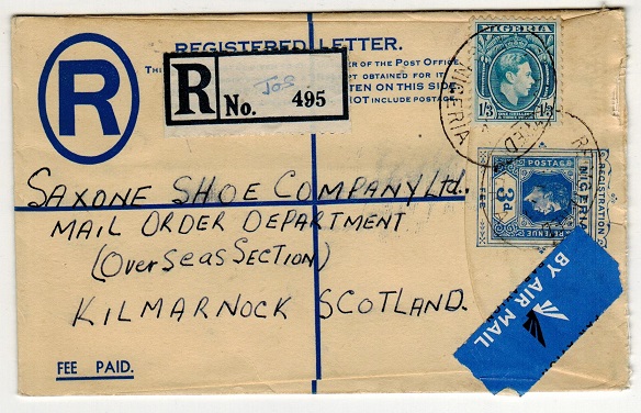 NIGERIA - 1937 3d blue RPSE to UK used at JOS.  H&G 5.