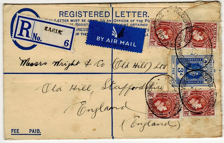 Nigeria - 1937 3d blue RPSE to UK used at ZARIA.  H&G 5a.