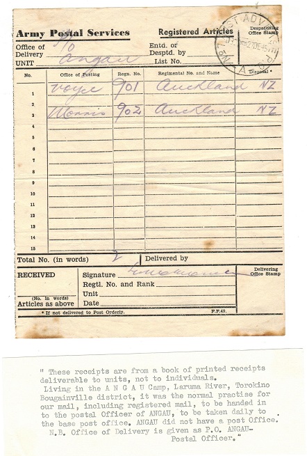 PAPUA NEW GUINEA - 1945 ARMY POSTAL SERVICE form for received articles.