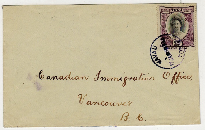TONGA - 1921 2d rate cover  to Canada cancelled VAVAU/TONGA in 