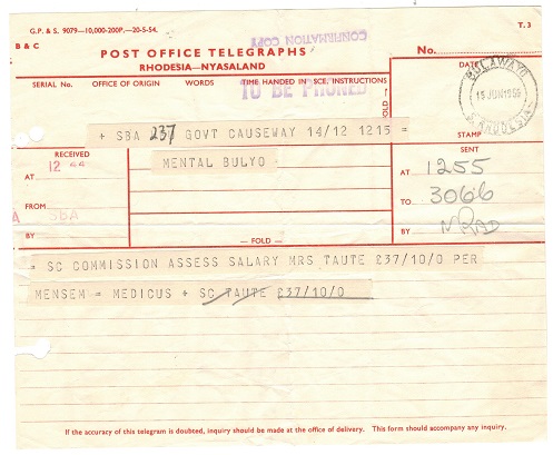 RHODESIA AND NYASALAND - 1959 POST OFFICE TELEGRAPHS telegram form used at BULAWAYO.