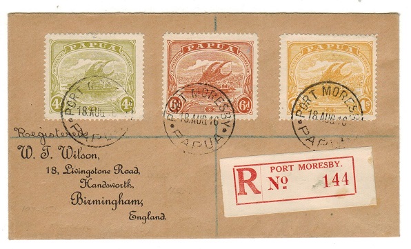 PAPUA - 1916 multi franked registered cover to UK used at PORT MORESBY.