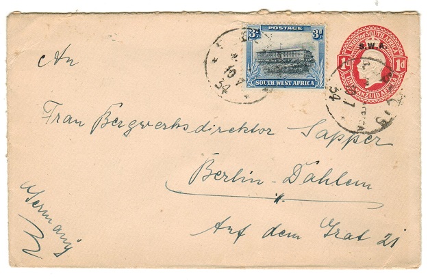 SOUTH WEST AFRICA - 1928 1d red PSE to Germany uprated at SEEIS/SWA.  H&G 6a.
