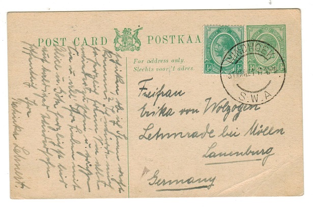 SOUTH WEST AFRICA - 1917 1/2d green uprated PSC of South Africa used at WINDHOEK. H&G 4.
