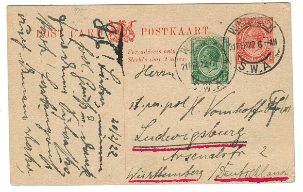 SOUTH WEST AFRICA - 1913 1d red uprated PSC of South Africa used at WINDHOEK.  H&G 2.