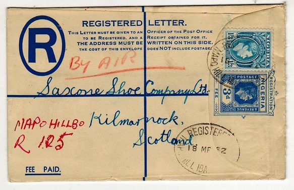 NIGERIA - 1937 3d blue RPSE to UK uprated at MAPO HILL/NIGERIA.  H&G 5.