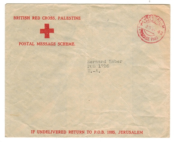 PALESTINE - 1942 RED CROSS MESSAGE envelope cancelled PALESTINE POSTAGE PAID.