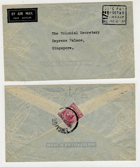 SINGAPORE - 1952 incoming underpaid cover with 10c added on reverse as postage due.