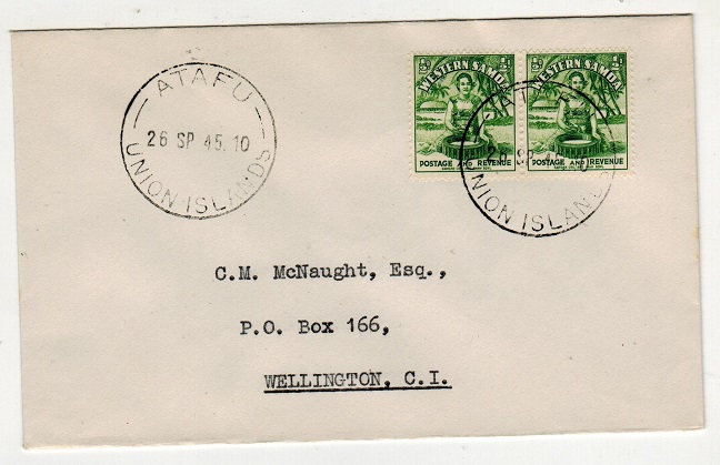 TOKELAU - 1945 1d rate local cover used at ATAFU/UNION ISLANDS.