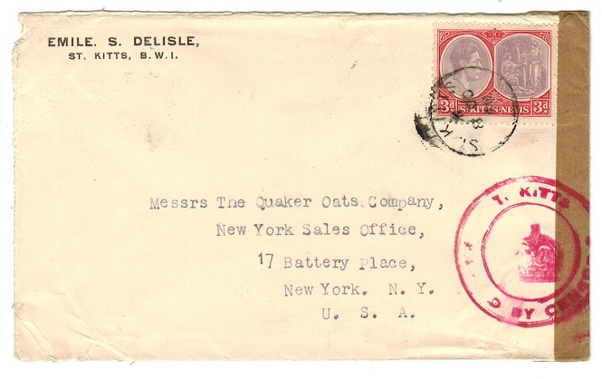 ST.KITTS - 1940 3d rate censored cover to USA.