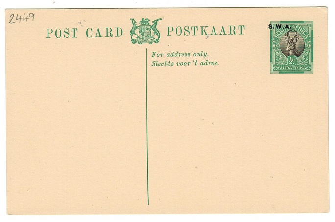 SOUTH WEST AFRICA - 1930 1/2d green and black PSC unused with MISPLACED OVERPRINT.  H&G 11.