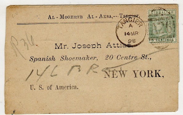 MOROCCO AGENCIES - 1898 Gibraltar 5c used on commercial wrapper to USA from TANGIER. SG  Z141.