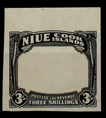 NIUE - 1938 3/- IMPERFORATE PLATE PROOF in black of the frame and value tablet.