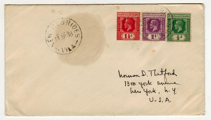 NEW HEBRIDES - 1938 cover to USA using Gilbert and Ellice adhesives at VILA.