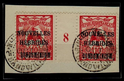 NEW HEBRIDES - 1910 10c red gutter plate pair used at PT.SANDWICH.